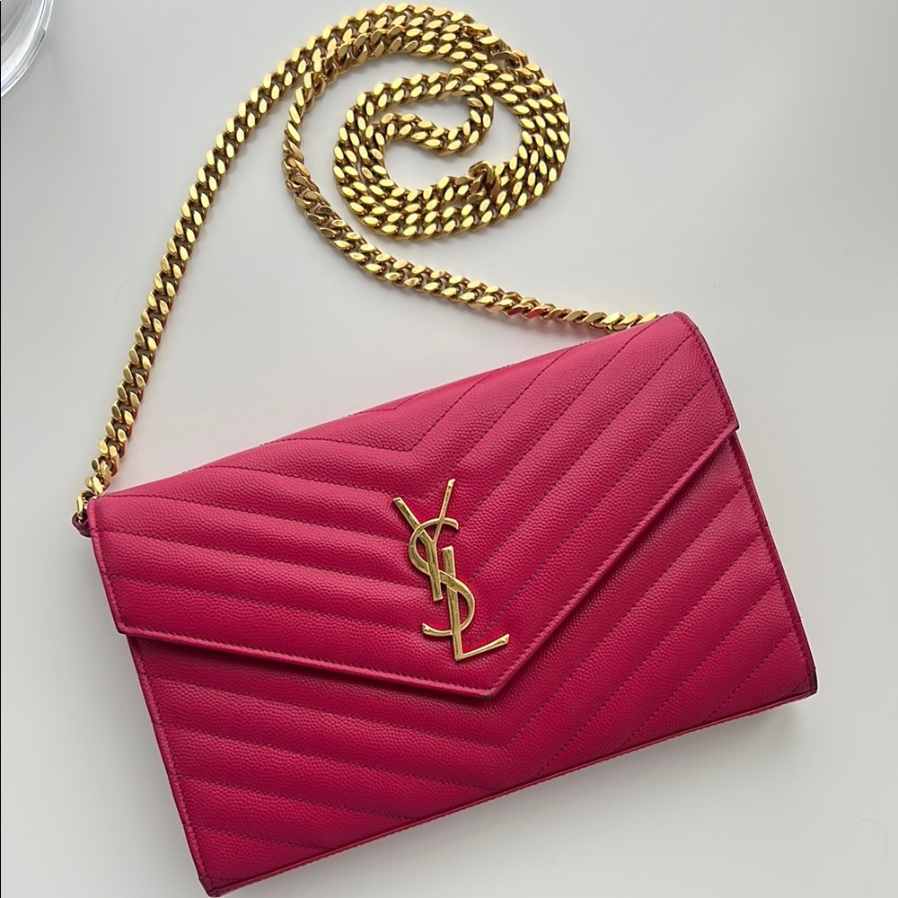 YSL Monogram Large Wallet on Chain in Grained Leather Hot Pink Clutch